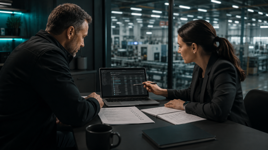 Operations leader and security adviser reviewing cyber governance priorities in a manufacturing environment